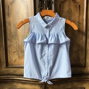 NET! H&M girls sleeveless ruffle button white blue stripes top 7/8